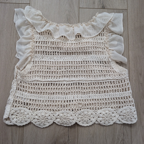 Anthropologie Ruffled Ivory Ruffled Crochet Top - Picture 7 of 10
